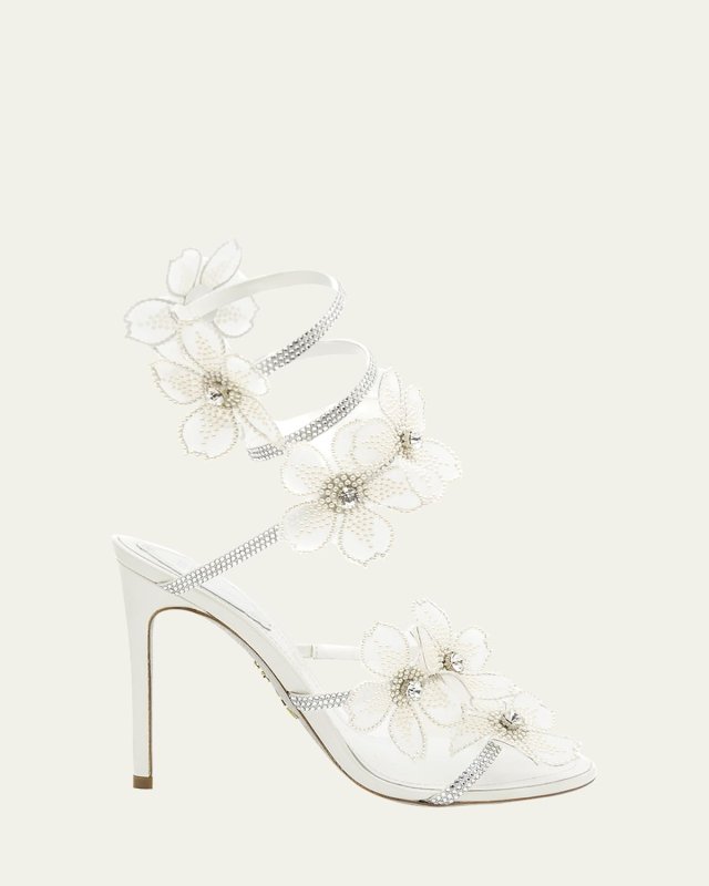 Floraine Crystal Flower Satin Snake Wrap Sandals